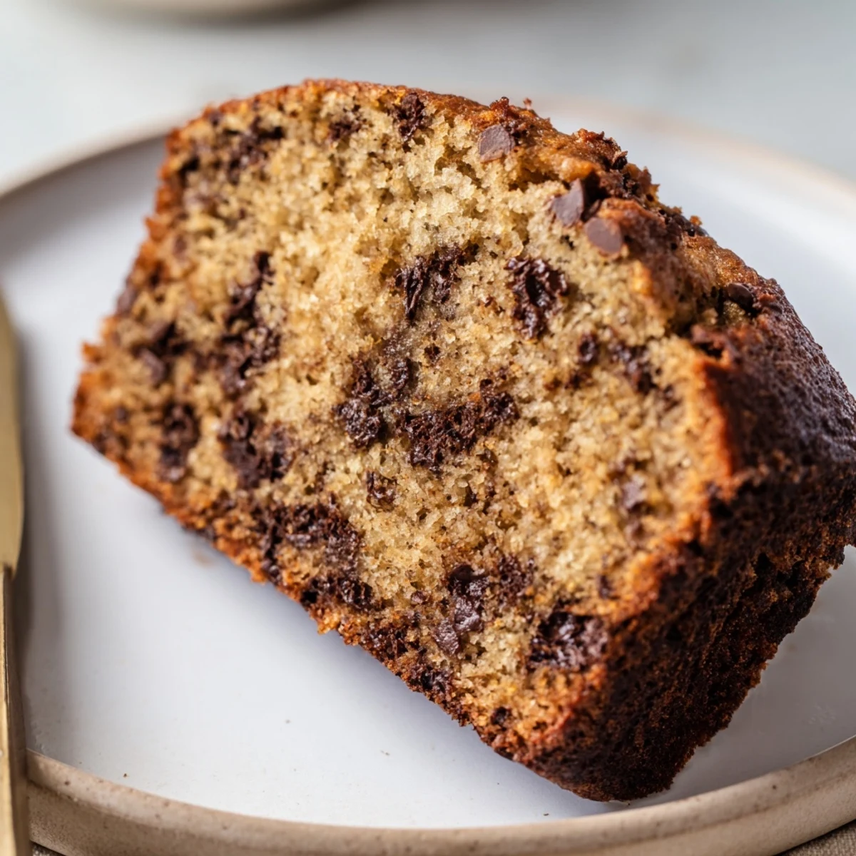 Sliced classic chocolate chip banana bread revealing moist texture and scattered chocolate chunks on a white plate