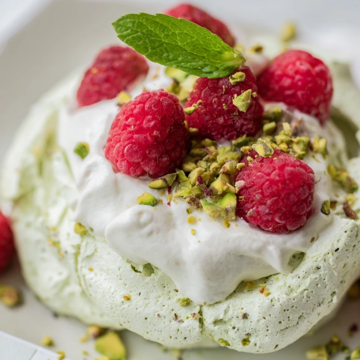 Golden pistachio meringue nests filled with sweetened whipped cream and topped with fresh juicy raspberries