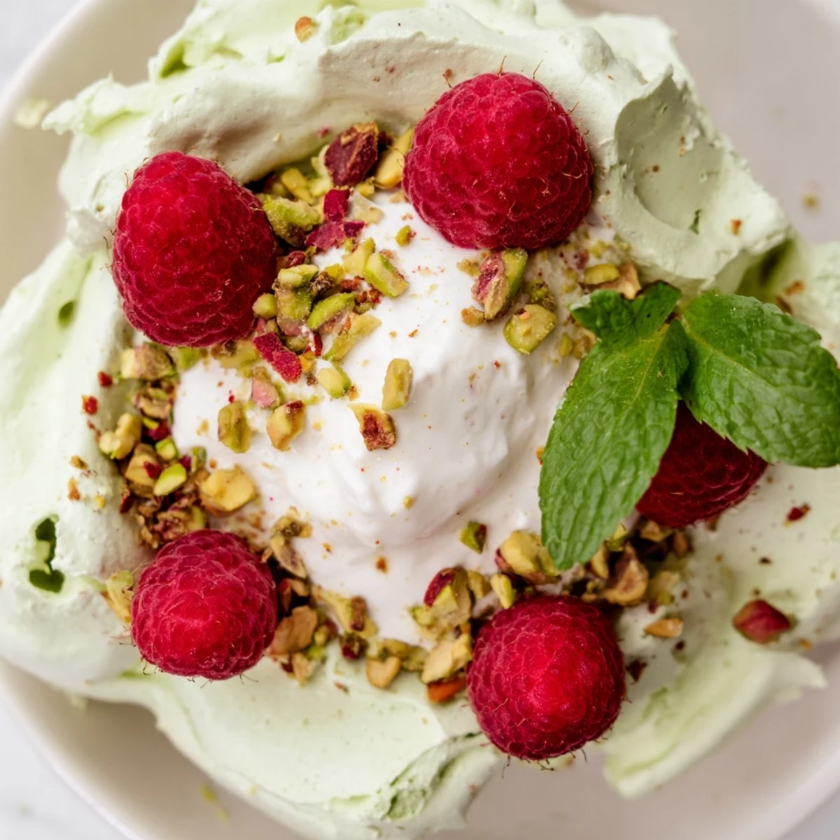 Crisp European-style pistachio meringue nests drizzled with vanilla cream and vibrant red raspberries