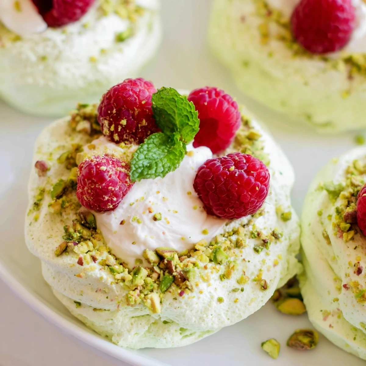 Delicate gluten-free pistachio meringue nests crowned with fluffy whipped cream and fresh berry garnish
