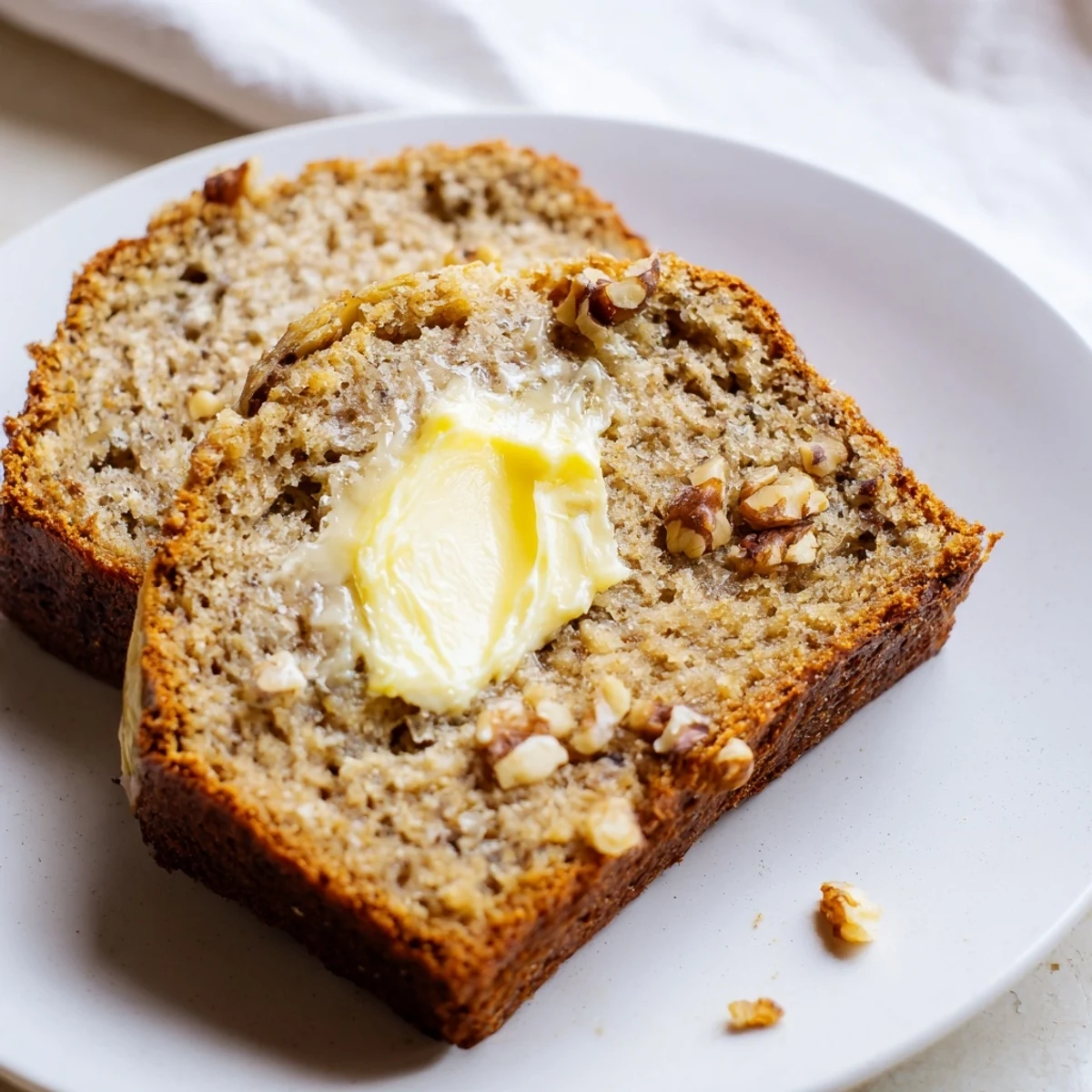Golden brown moist banana bread loaf with a cracked top and tender crumb, freshly baked on a wire cooling rack