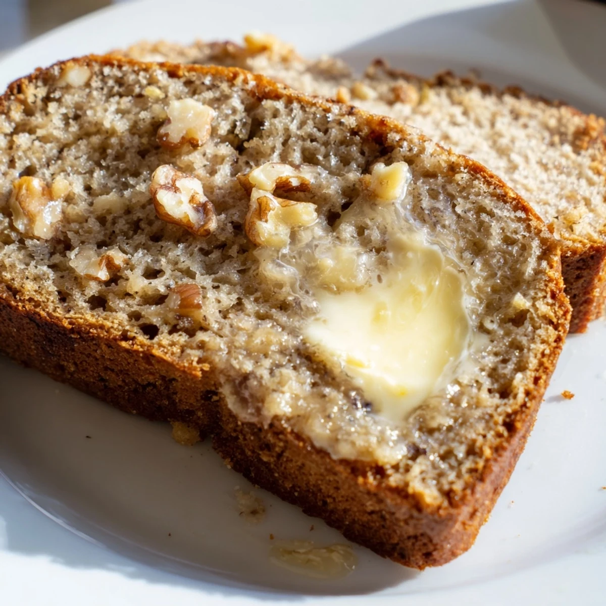 Slice of classic moist banana bread showing soft texture, perfect for breakfast with melted butter or honey