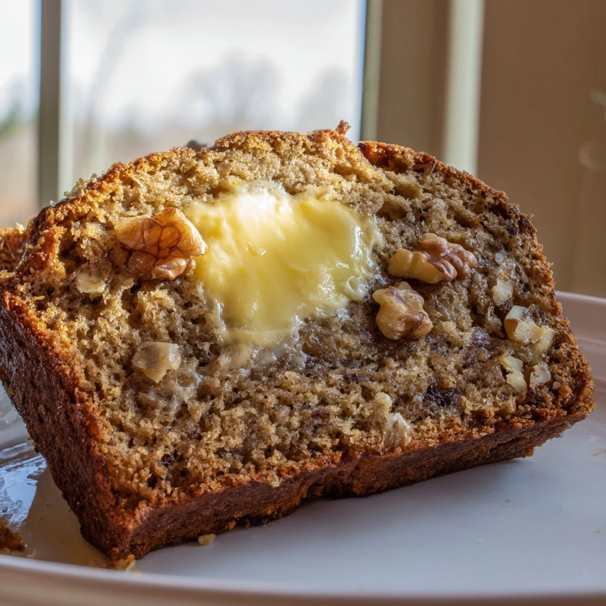 Homemade moist banana bread with walnuts, baked to golden perfection and ready to slice for a comforting snack