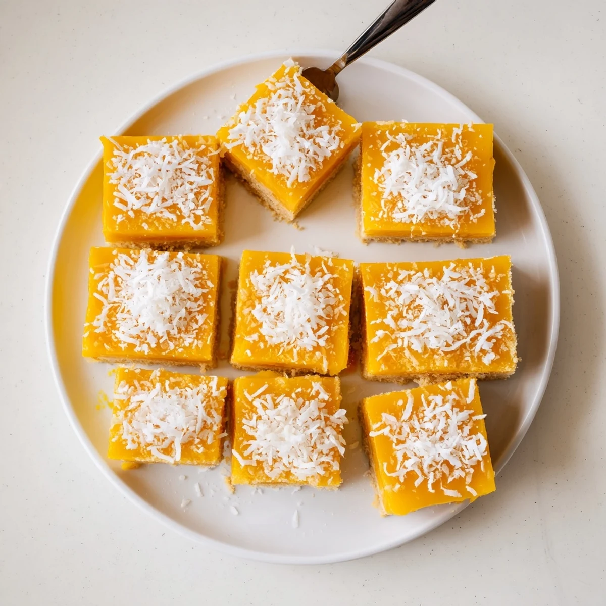 Golden mango coconut bars with tropical filling and toasted coconut topping on a buttery shortbread crust