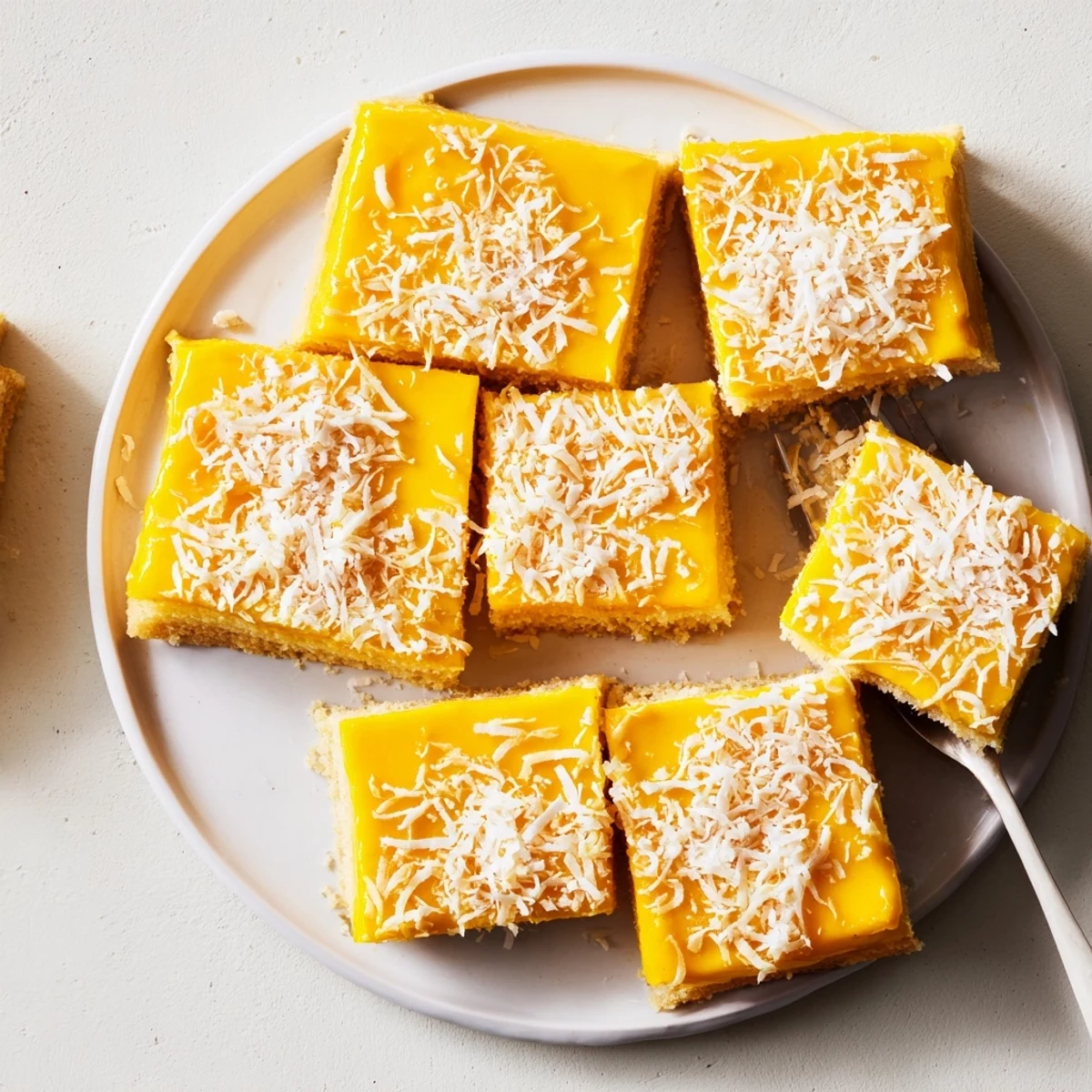 Fresh mango coconut bars cut into squares with vibrant yellow filling and white coconut garnish