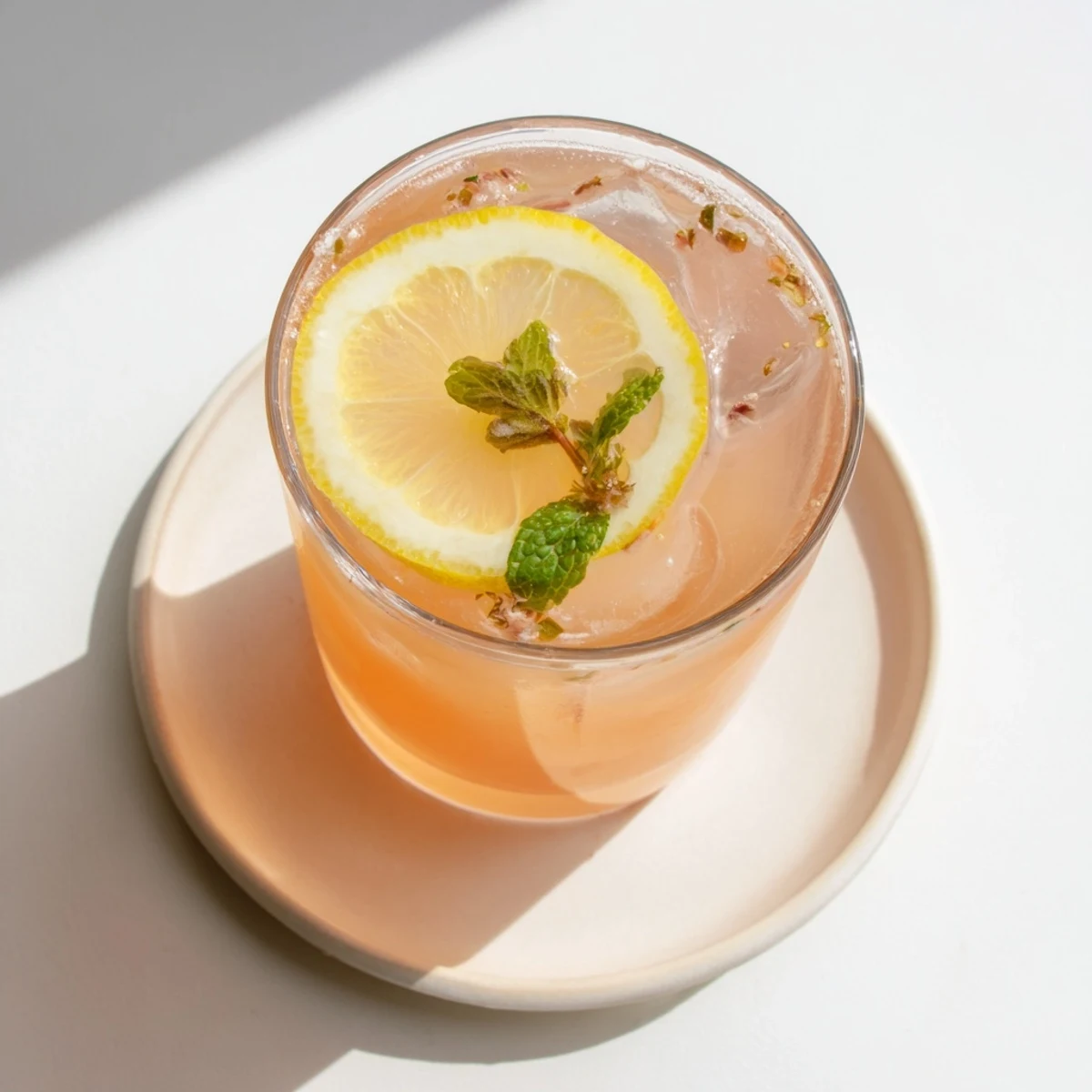 Pink guava white tea lemonade in a glass pitcher garnished with fresh lemon slices and mint leaves on ice