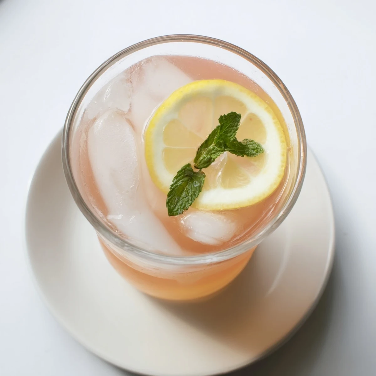 Tropical guava white tea lemonade served over ice with citrus wedges and mint sprig garnish on a wooden table