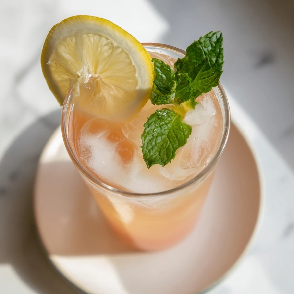 Refreshing glass of pink guava white tea lemonade with floating ice cubes, lemon wheel, and fresh mint sprig