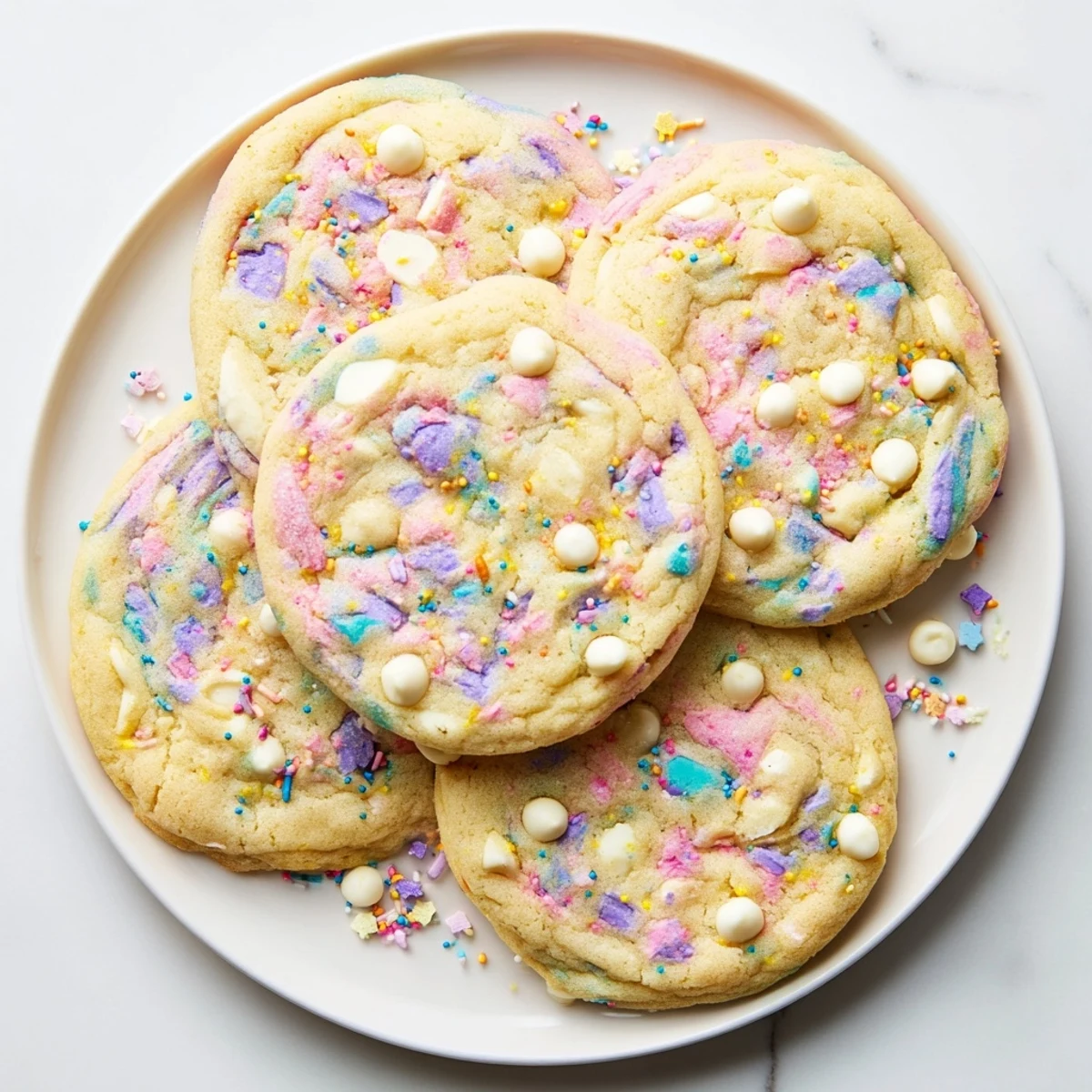 Soft Easter Funfetti Cookies dotted with pastel sprinkles on a wire cooling rack