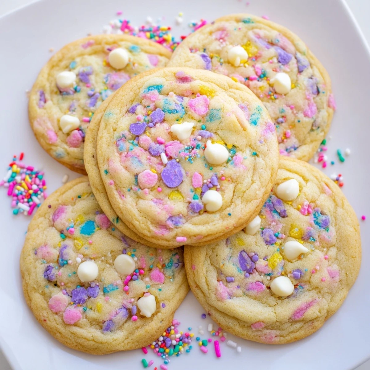 Golden buttery Easter Funfetti Cookies with colorful sprinkles baked to golden perfection
