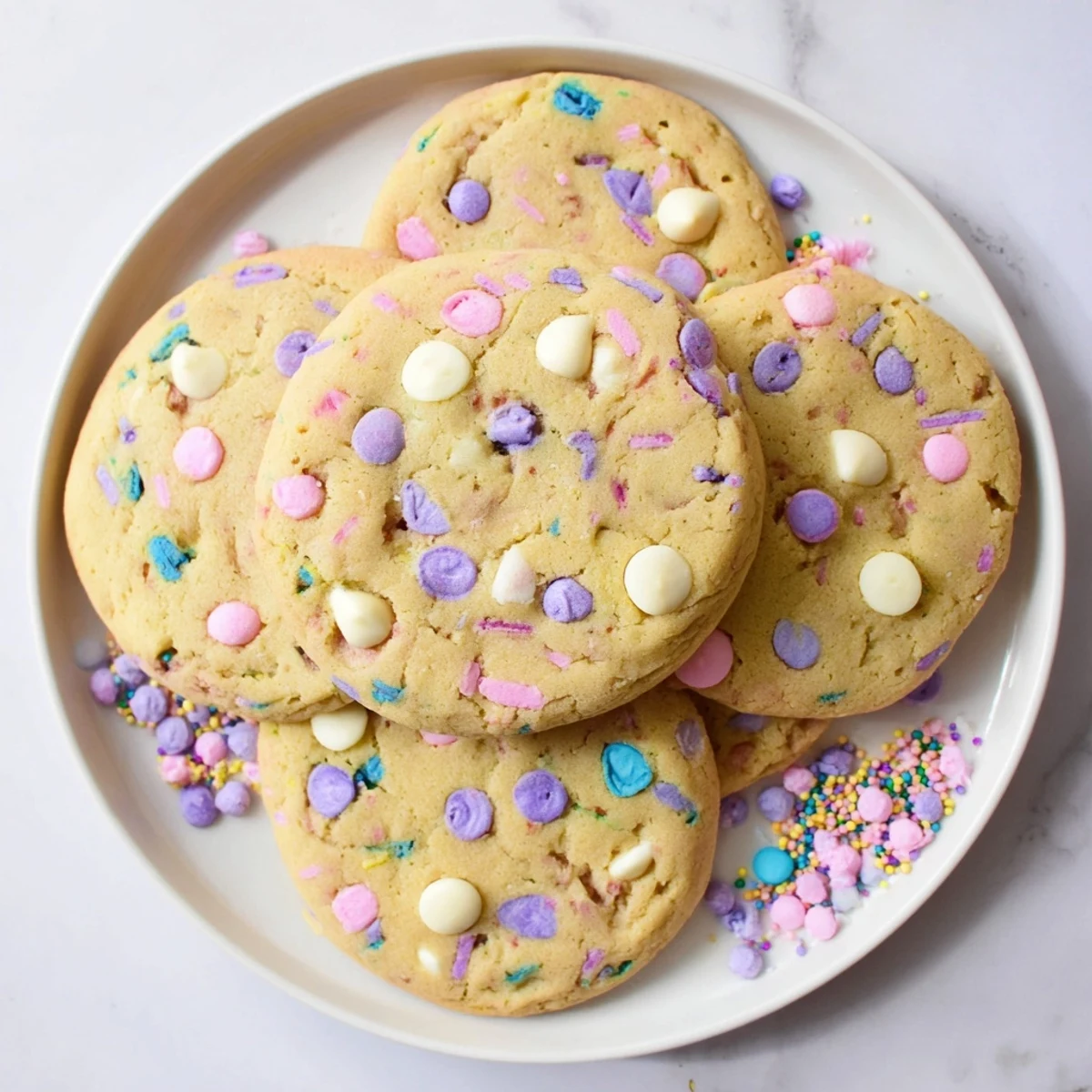 Festive Easter Funfetti Cookies loaded with rainbow jimmies and white chocolate chips