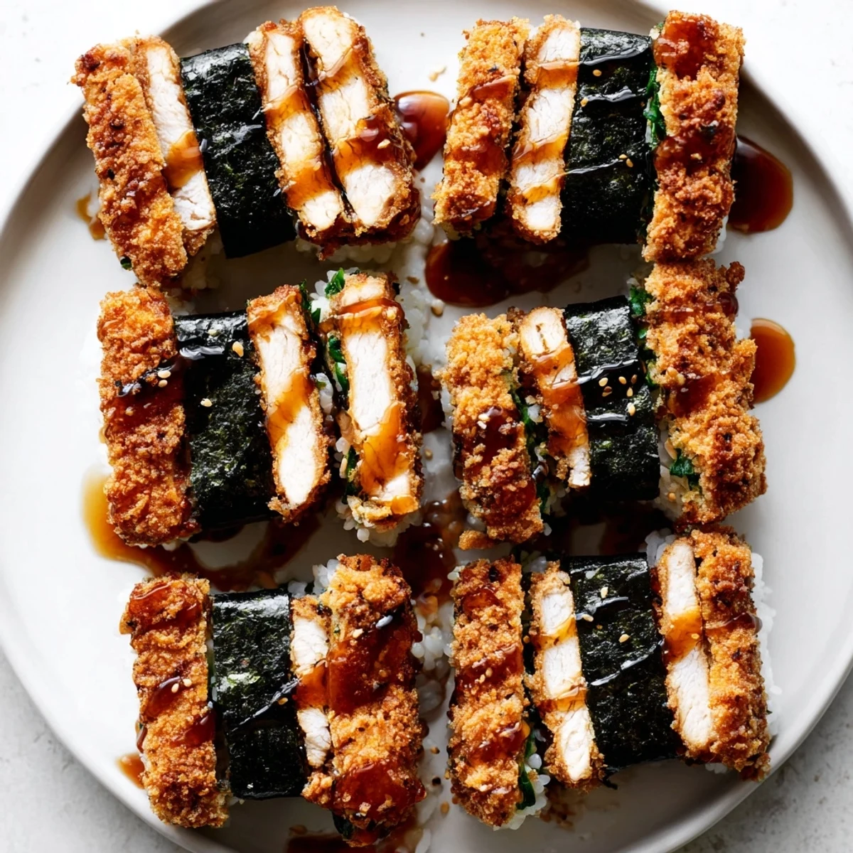 Golden brown chicken katsu musubi wrapped in nori with seasoned white rice layers