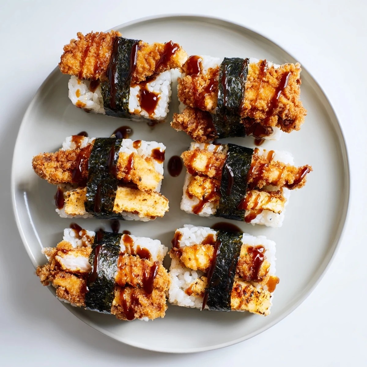 Crispy fried chicken katsu musubi drizzled with savory tonkatsu sauce over fluffy rice