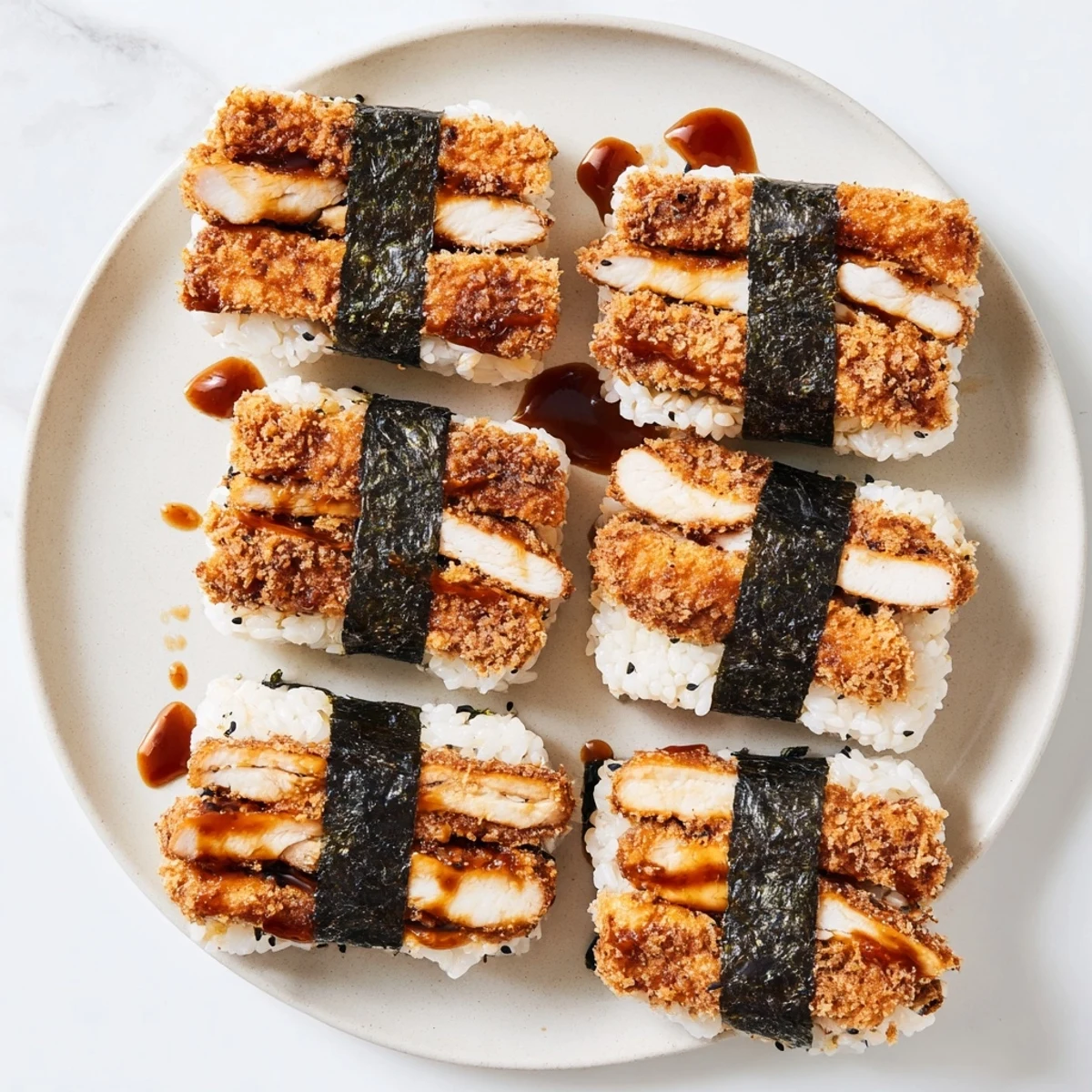 Hawaiian-Japanese fusion chicken katsu musubi featuring panko-crusted meat and vinegar-seasoned rice