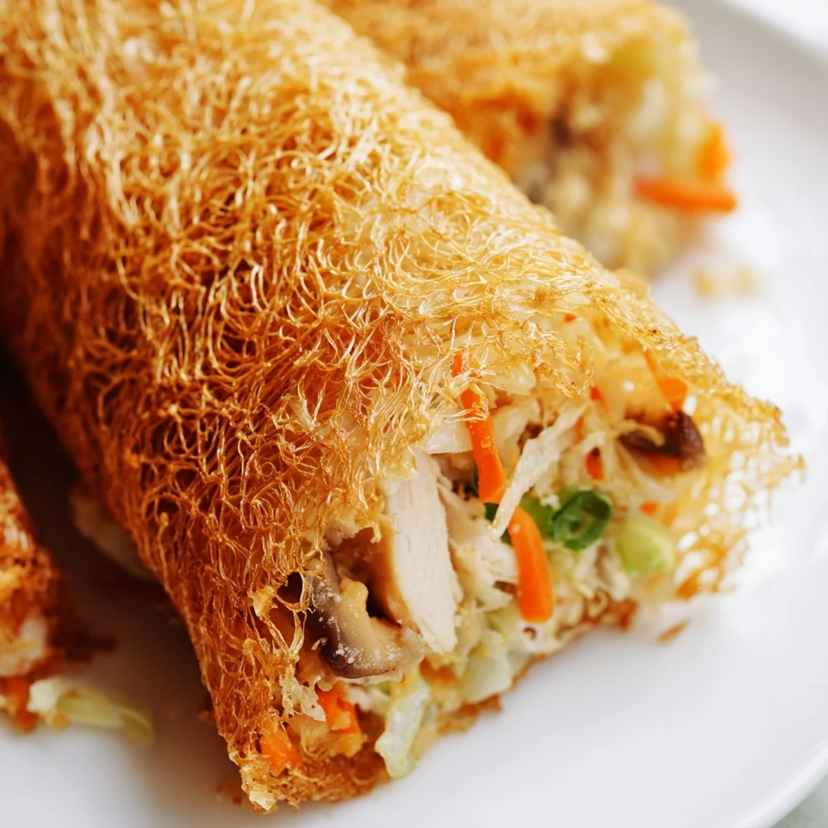 Baked gluten-free rice paper spring rolls bursting with vegetable and protein filling