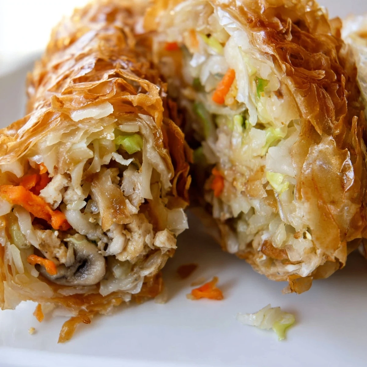 Close-up of ultra-crispy rice paper spring rolls arranged on serving platter