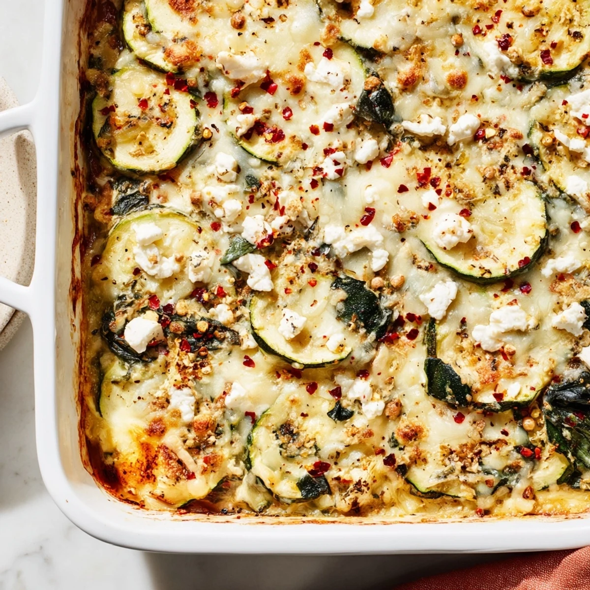 Golden baked zucchini spinach feta casserole with melted cheese and layered vegetables