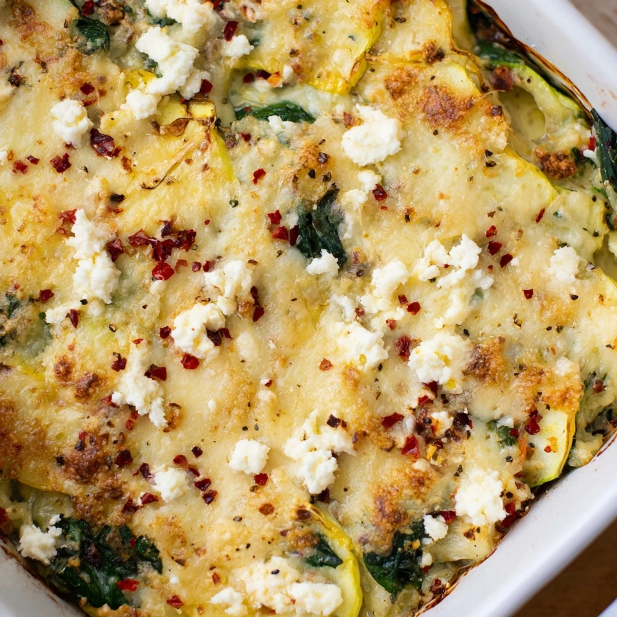 Mediterranean zucchini spinach feta casserole fresh from the oven with bubbly golden top