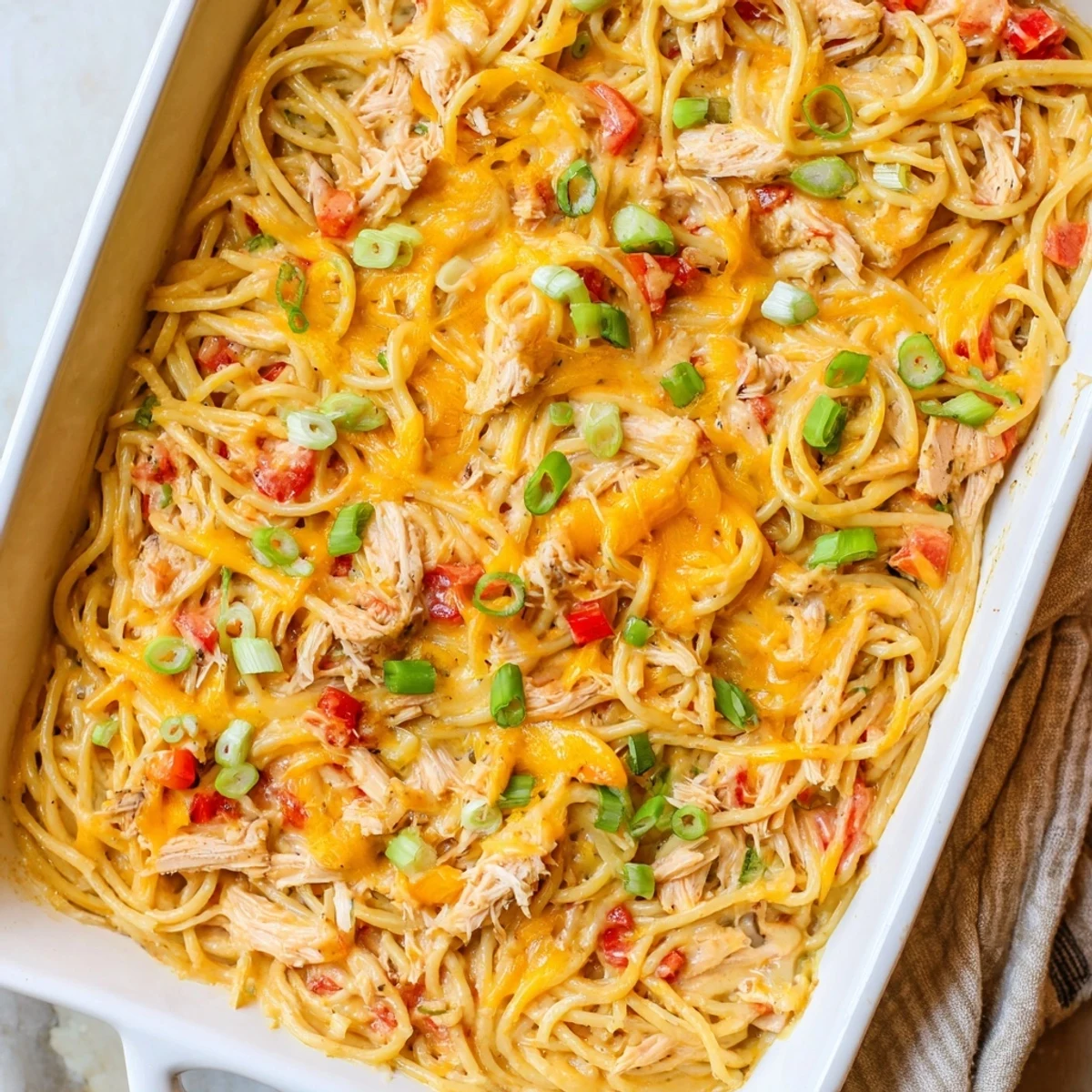 Golden Monterey chicken spaghetti casserole topped with melted cheese and fresh green onions
