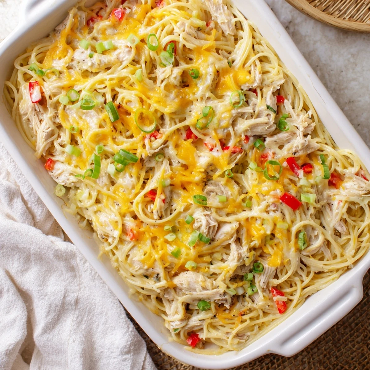 Baked spaghetti with shredded chicken and peppers in a rich Monterey Jack cheese sauce