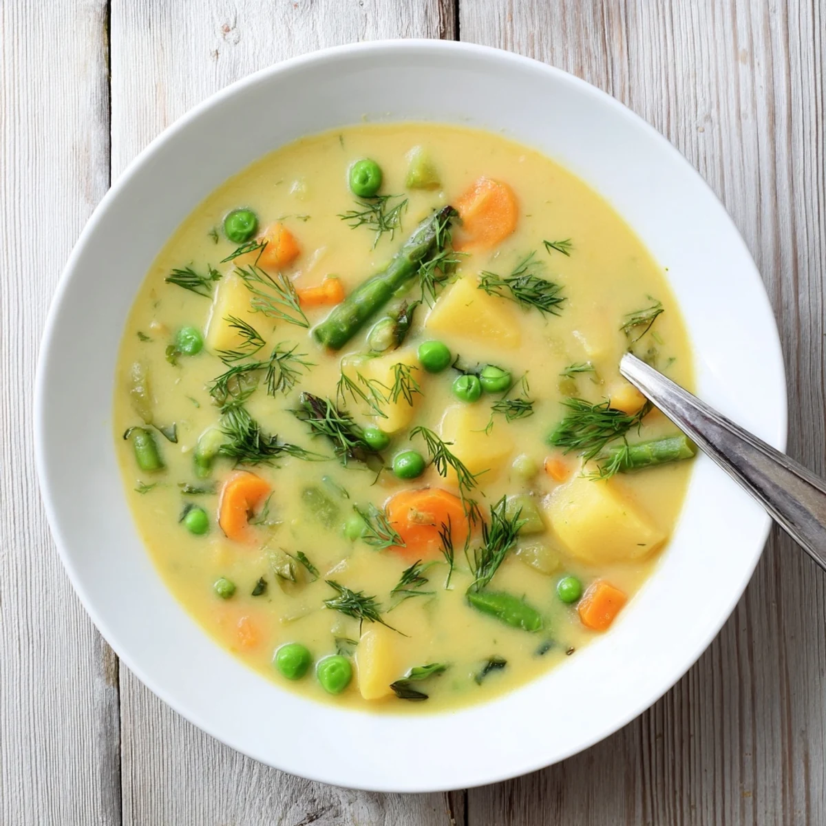 Velvety smooth spring vegetable soup garnished with chopped chives and asparagus pieces