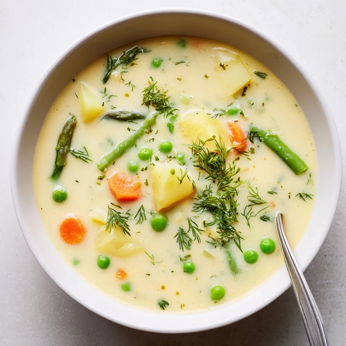 Creamy spring vegetable soup in white bowl topped with fresh green herbs and dill