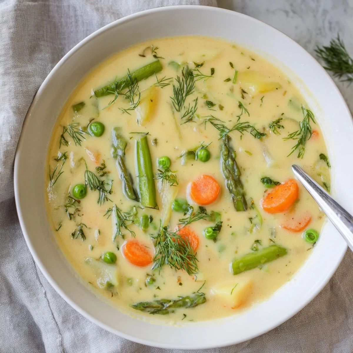 Bowl of creamy spring vegetable soup with vibrant green vegetables and cream swirl
