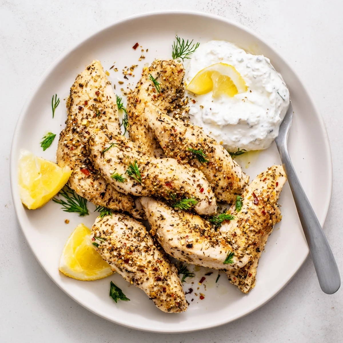 Golden pan-seared Mediterranean chicken tenders served with creamy lemon garlic yogurt dip