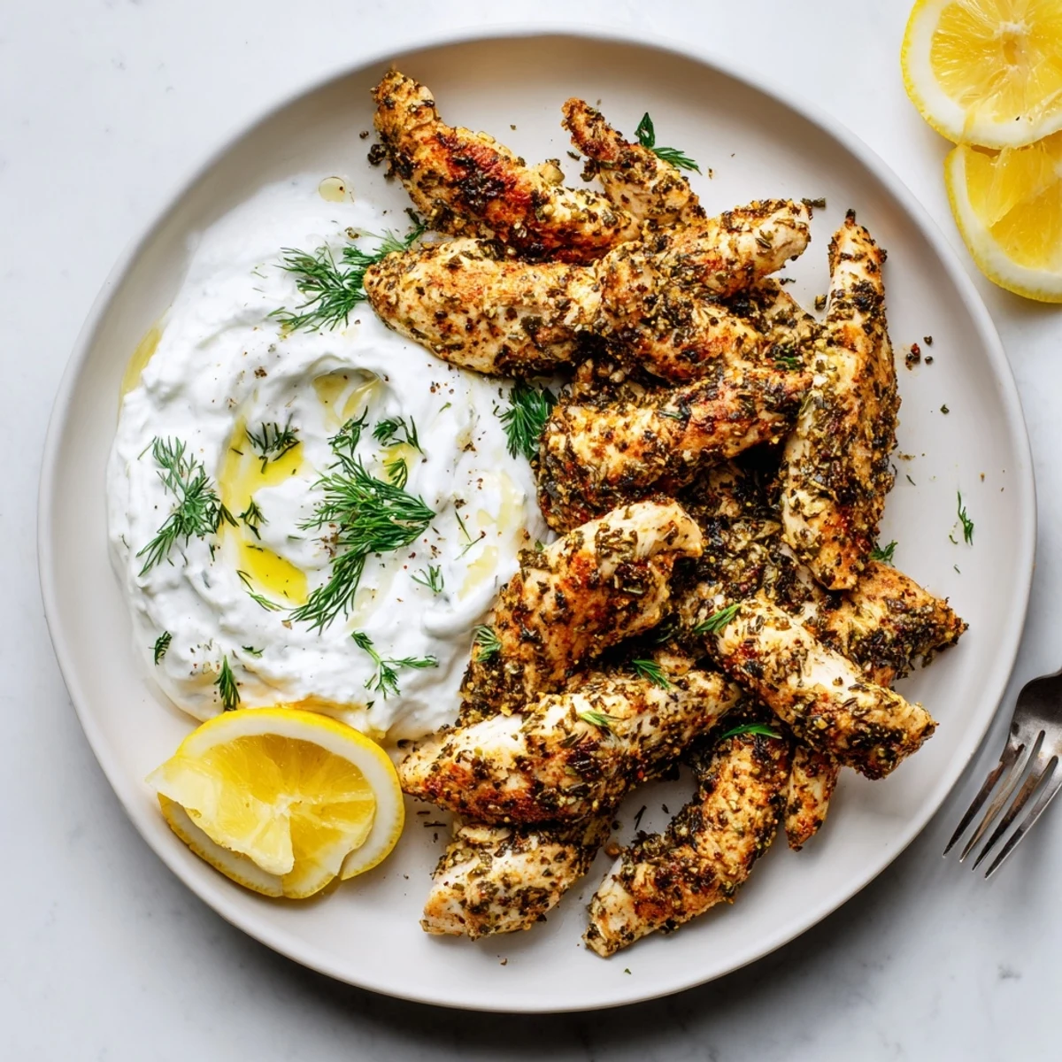 Juicy herb-marinated chicken tenders garnished with fresh parsley and lemon wedges on plate