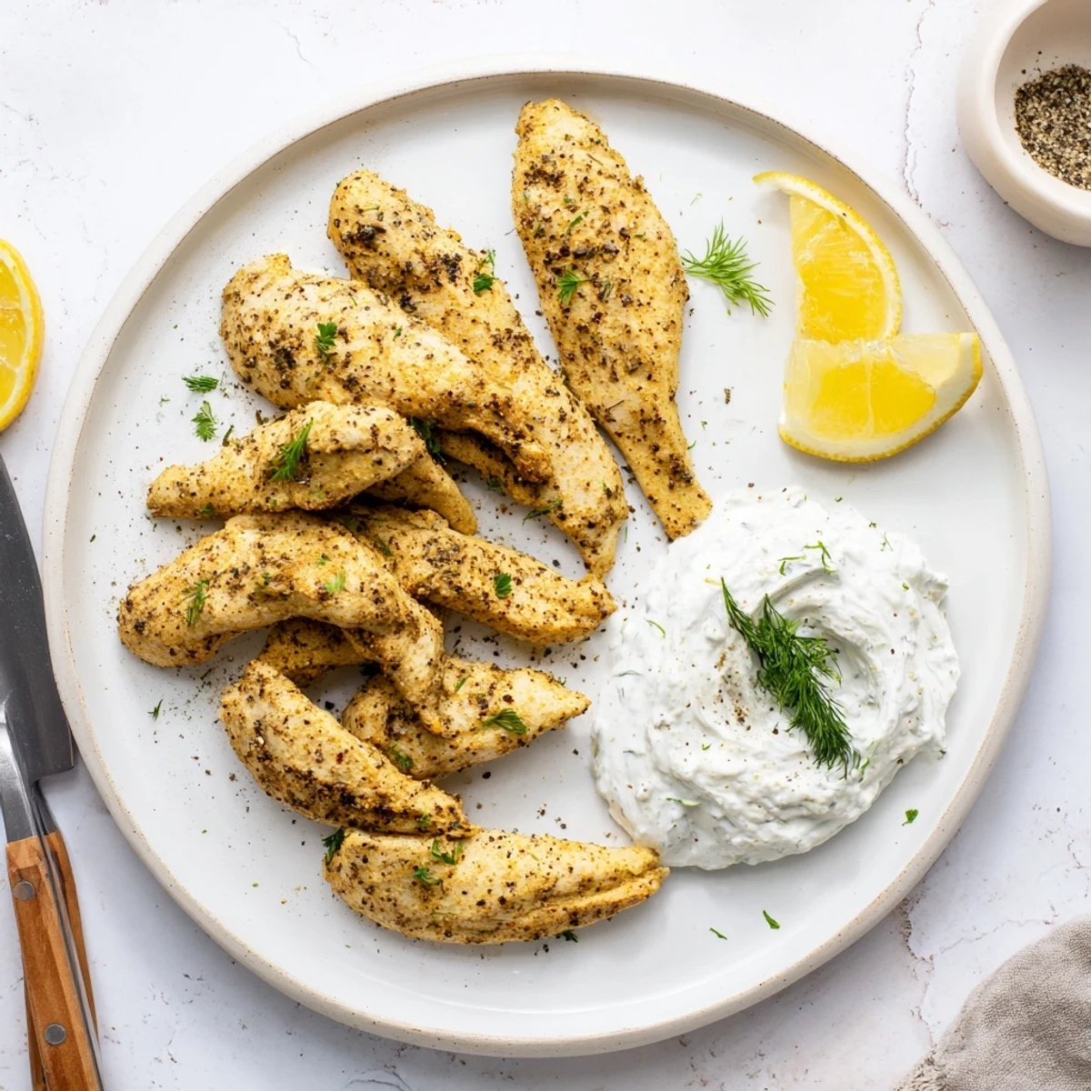 Easy gluten-free Mediterranean chicken tenders with golden crust and refreshing dill yogurt sauce