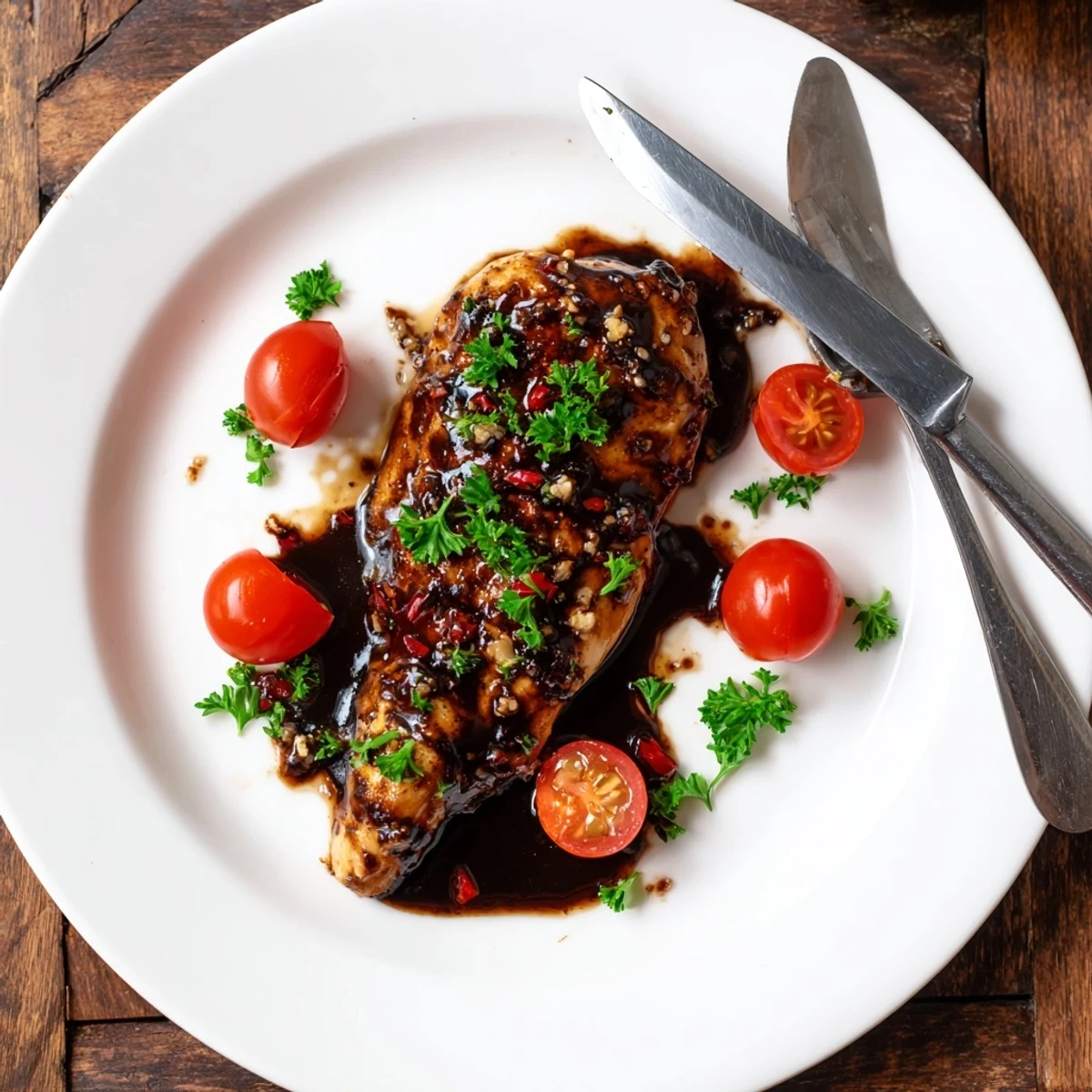 Golden brown balsamic baked chicken breast resting on a white serving plate with caramelized glaze