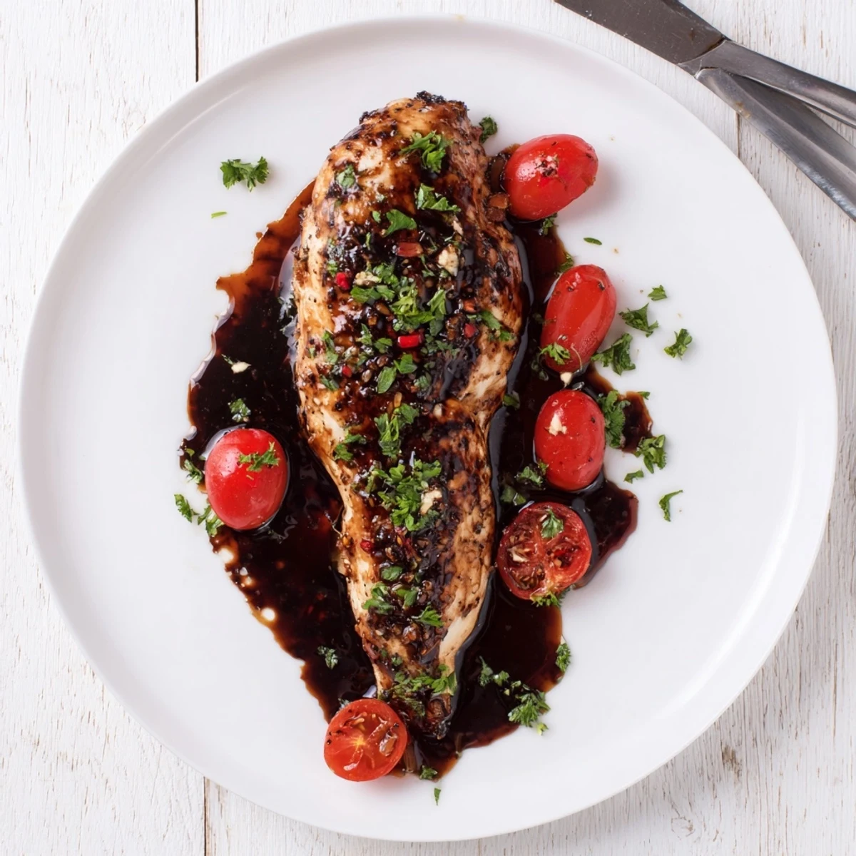 Baked to perfection chicken breast coated in tangy balsamic honey glaze garnished with parsley and tomatoes