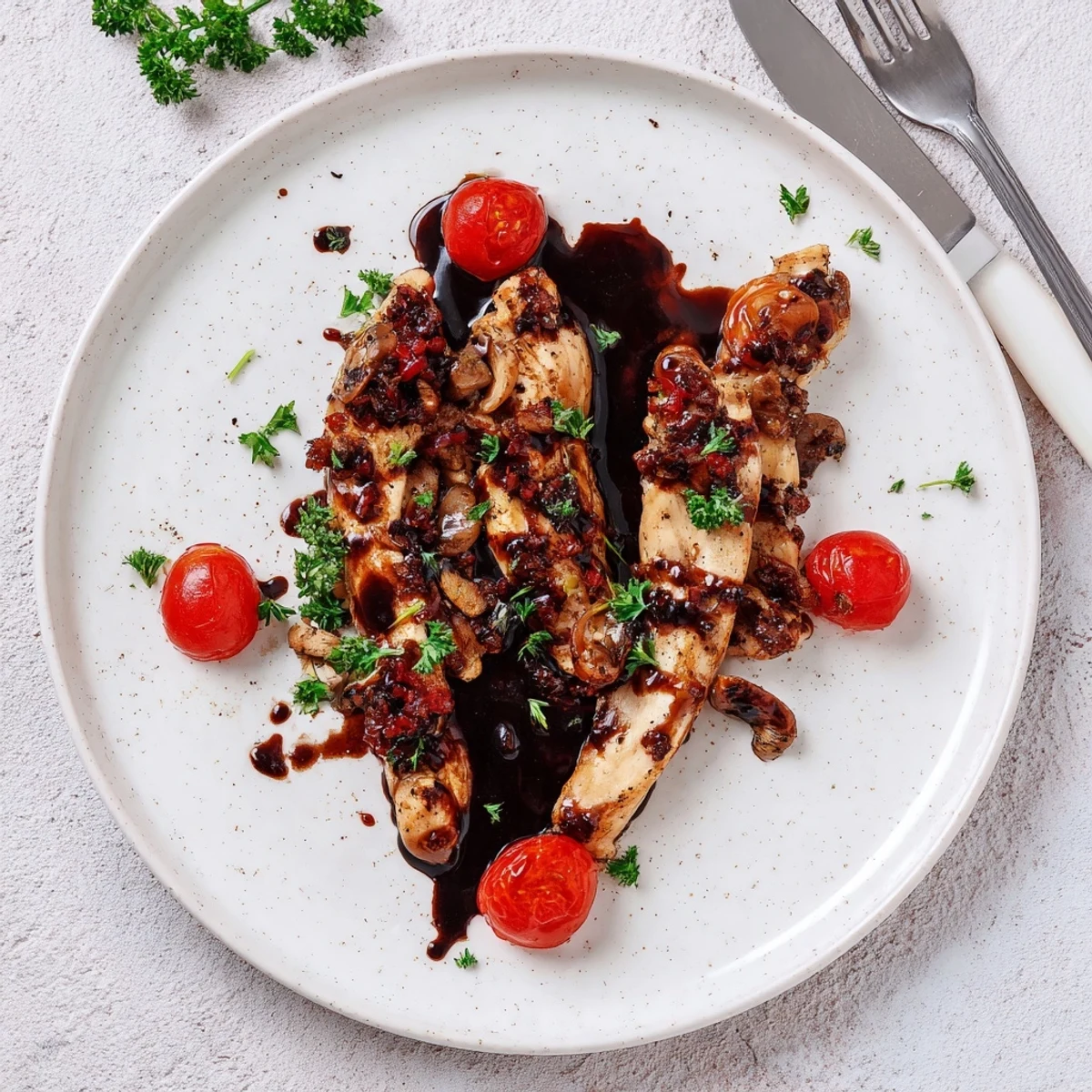 Tender juicy chicken breasts glazed with rich balsamic vinegar and fresh herbs, straight from the oven