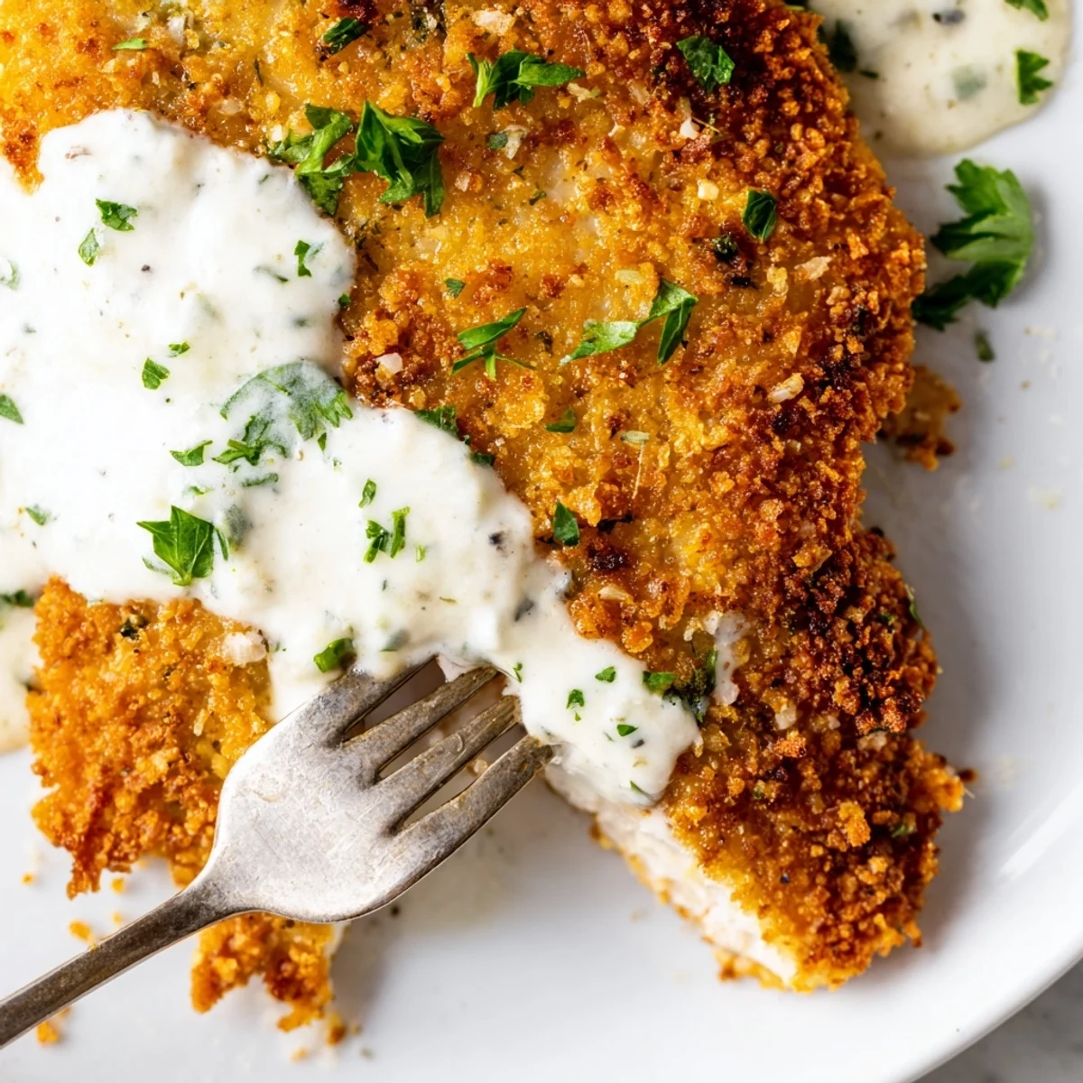 Crispy baked chicken with cheese breadcrumb crust drizzled with velvety white garlic Parmesan sauce