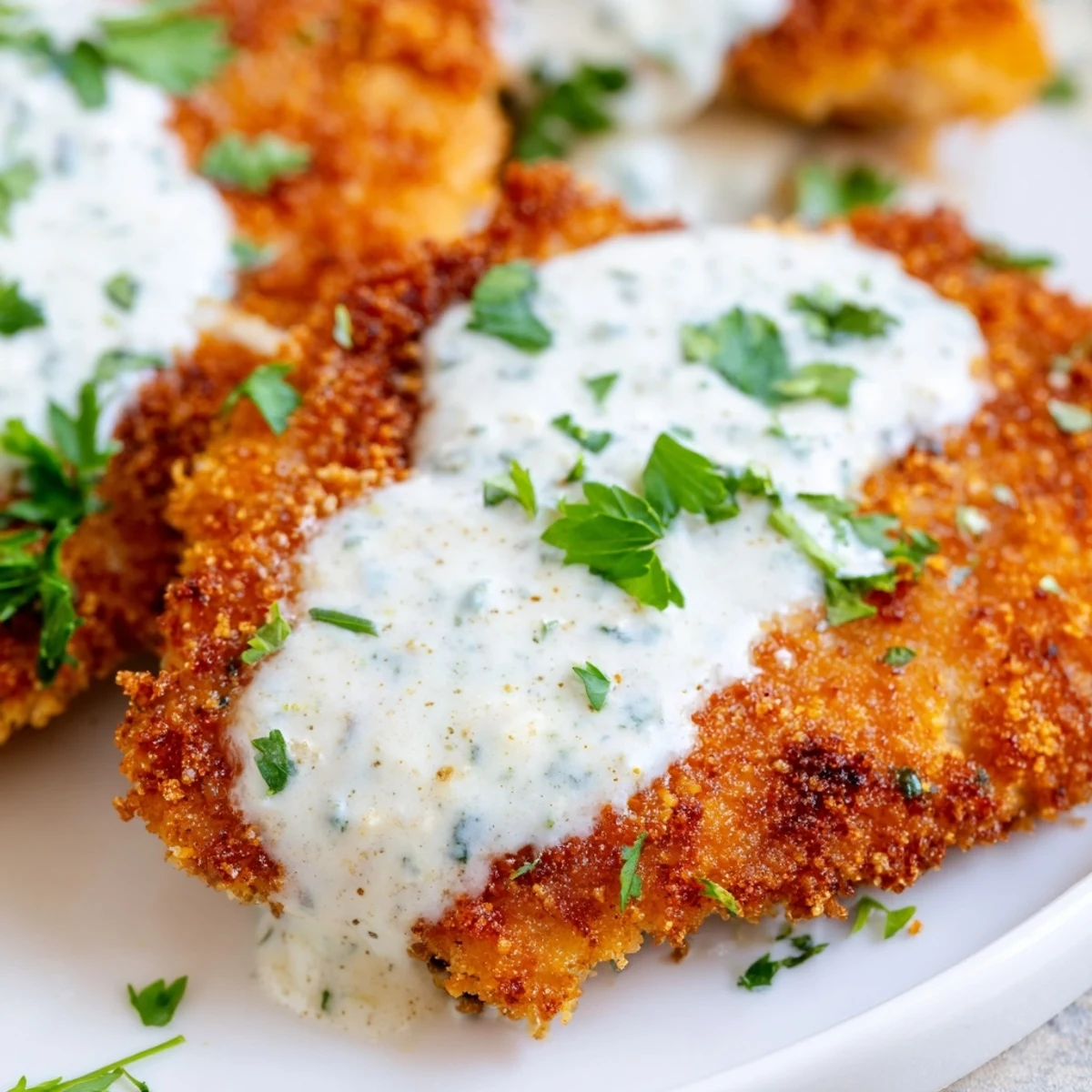 Juicy oven-fried chicken breast served swimming in a smooth homemade garlic cream sauce with parsley
