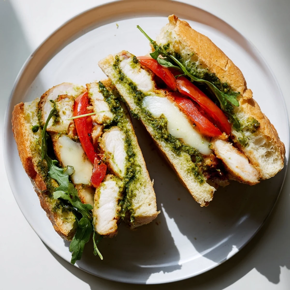 Grilled chicken pesto sandwich on ciabatta with melted mozzarella, tomato, and fresh arugula