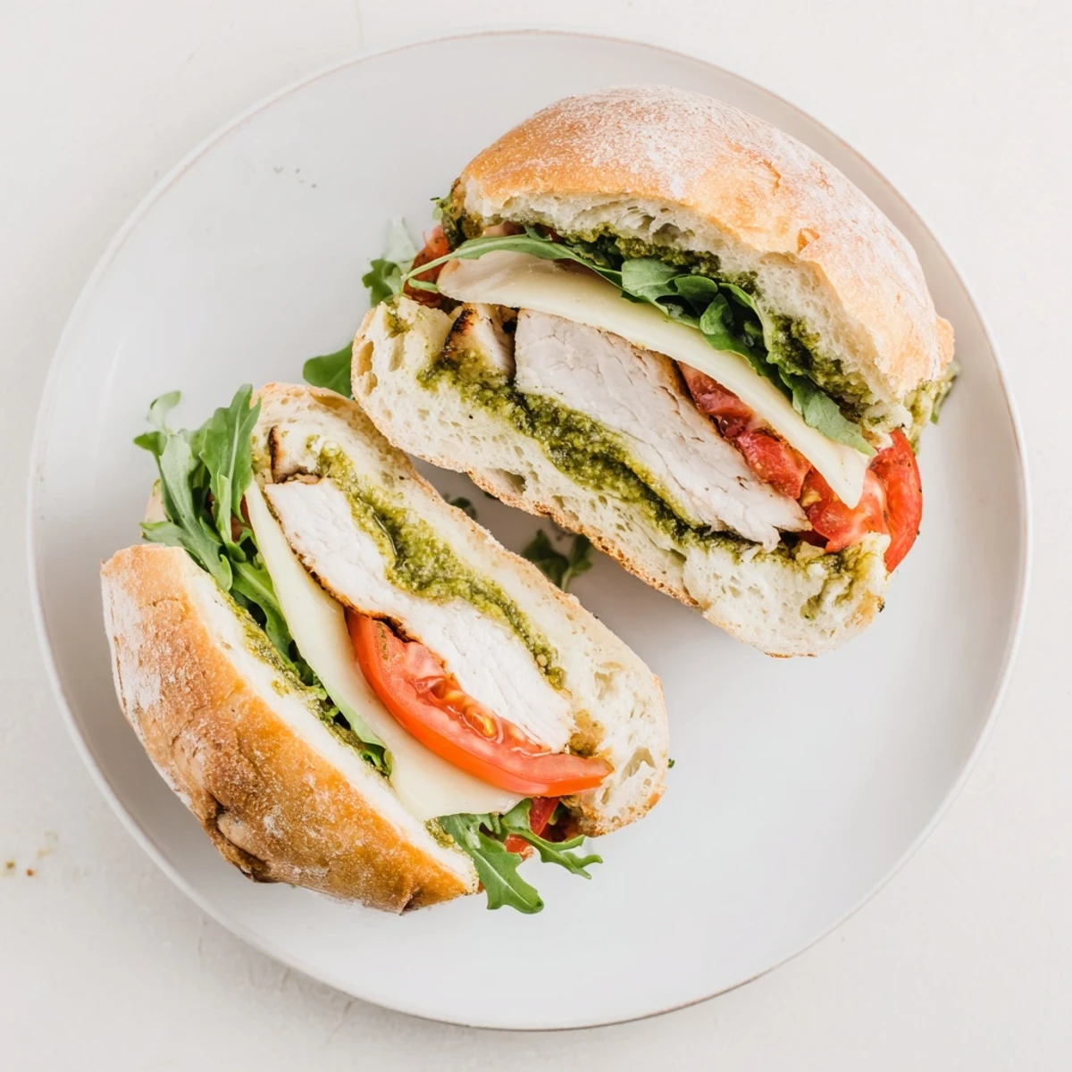 Sliced chicken pesto sandwich featuring juicy cutlets with basil spread and crisp greens