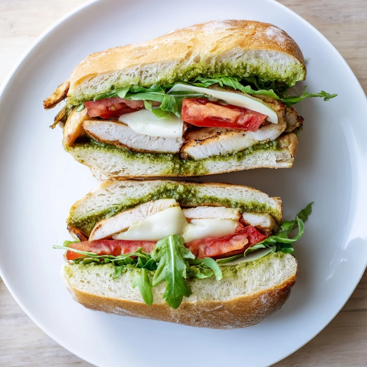 Toasted ciabatta chicken pesto sandwich layered with melted cheese and ripe tomato slices