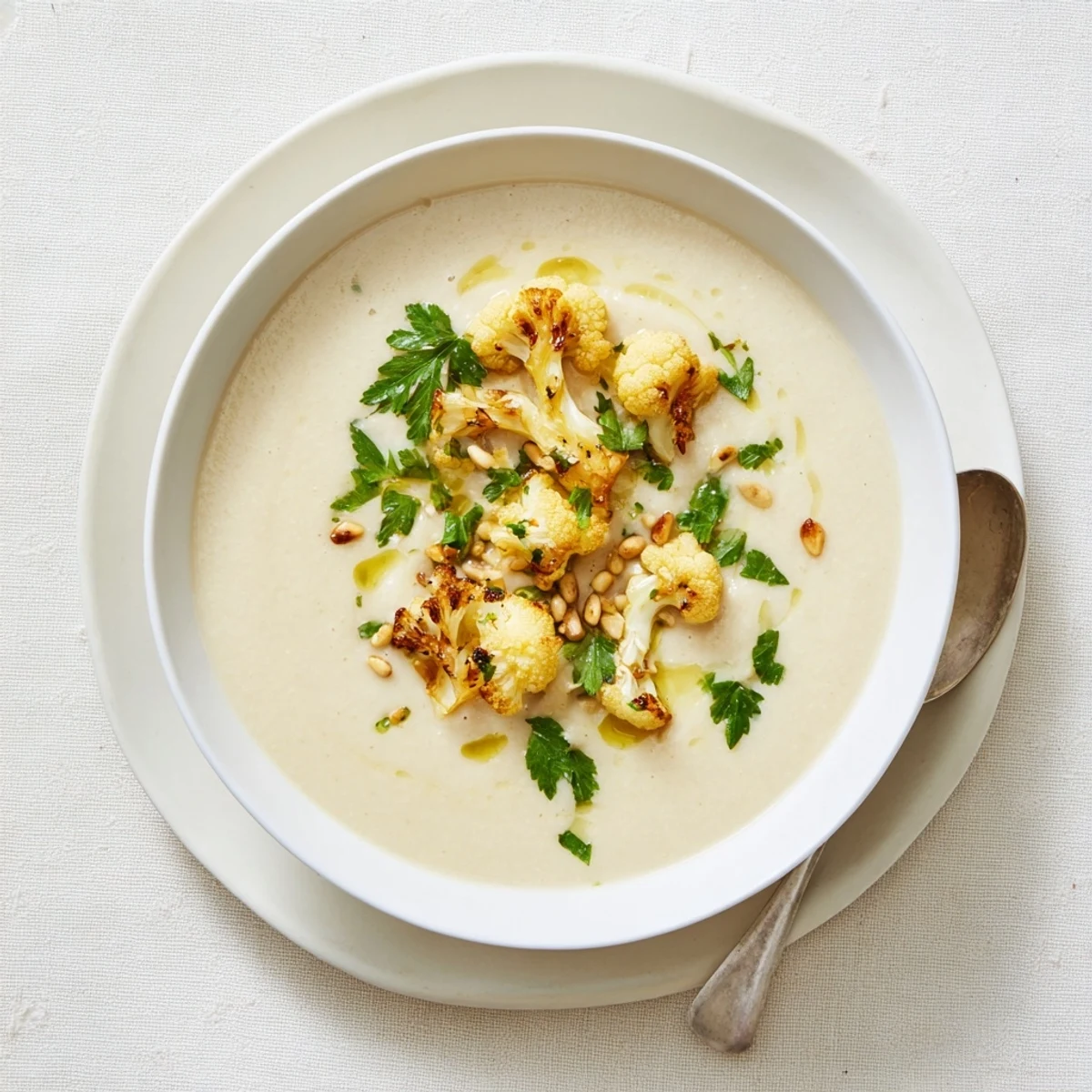 Creamy roasted Mediterranean cauliflower soup garnished with fresh parsley and toasted pine nuts in a white bowl