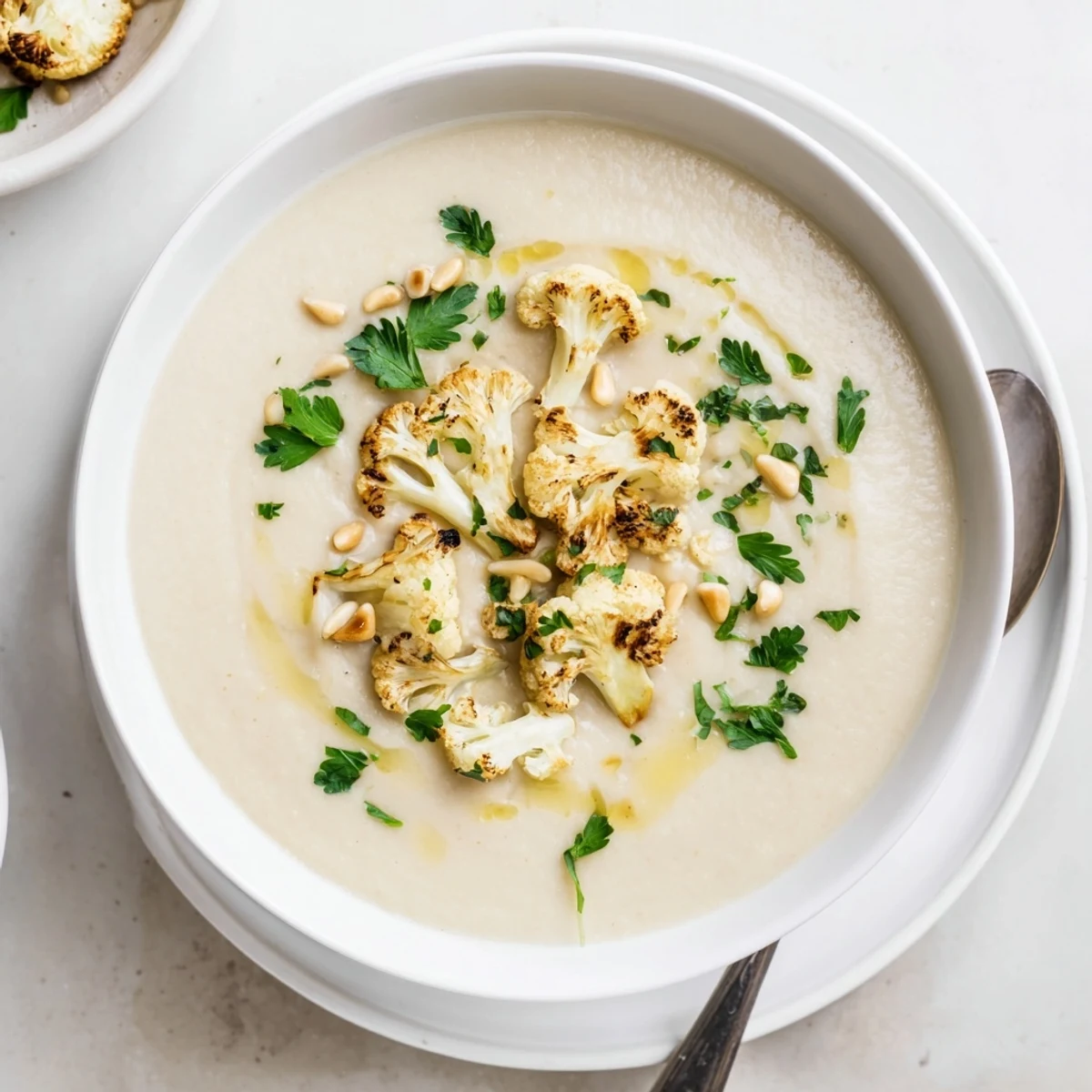 Velvety cauliflower soup with cumin and smoked paprika drizzled with olive oil and lemon zest