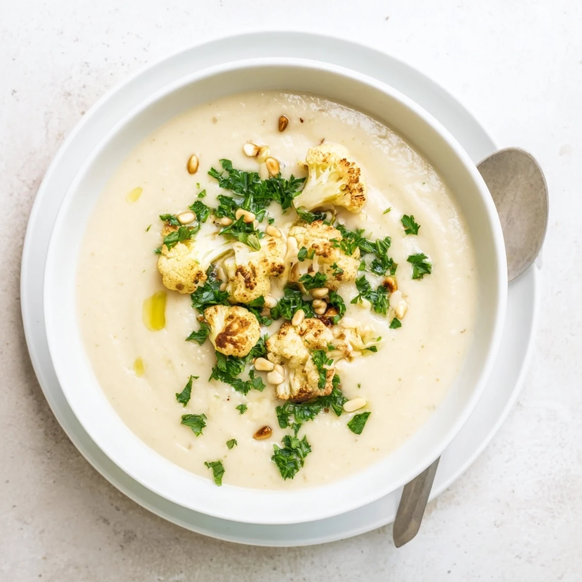 Golden roasted cauliflower blended into a smooth vegetarian Mediterranean soup served with crusty bread