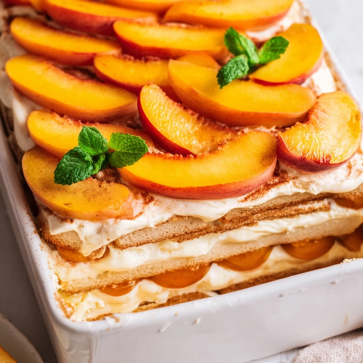 Golden peach tiramisu layered with creamy mascarpone and delicate ladyfingers in a glass dish