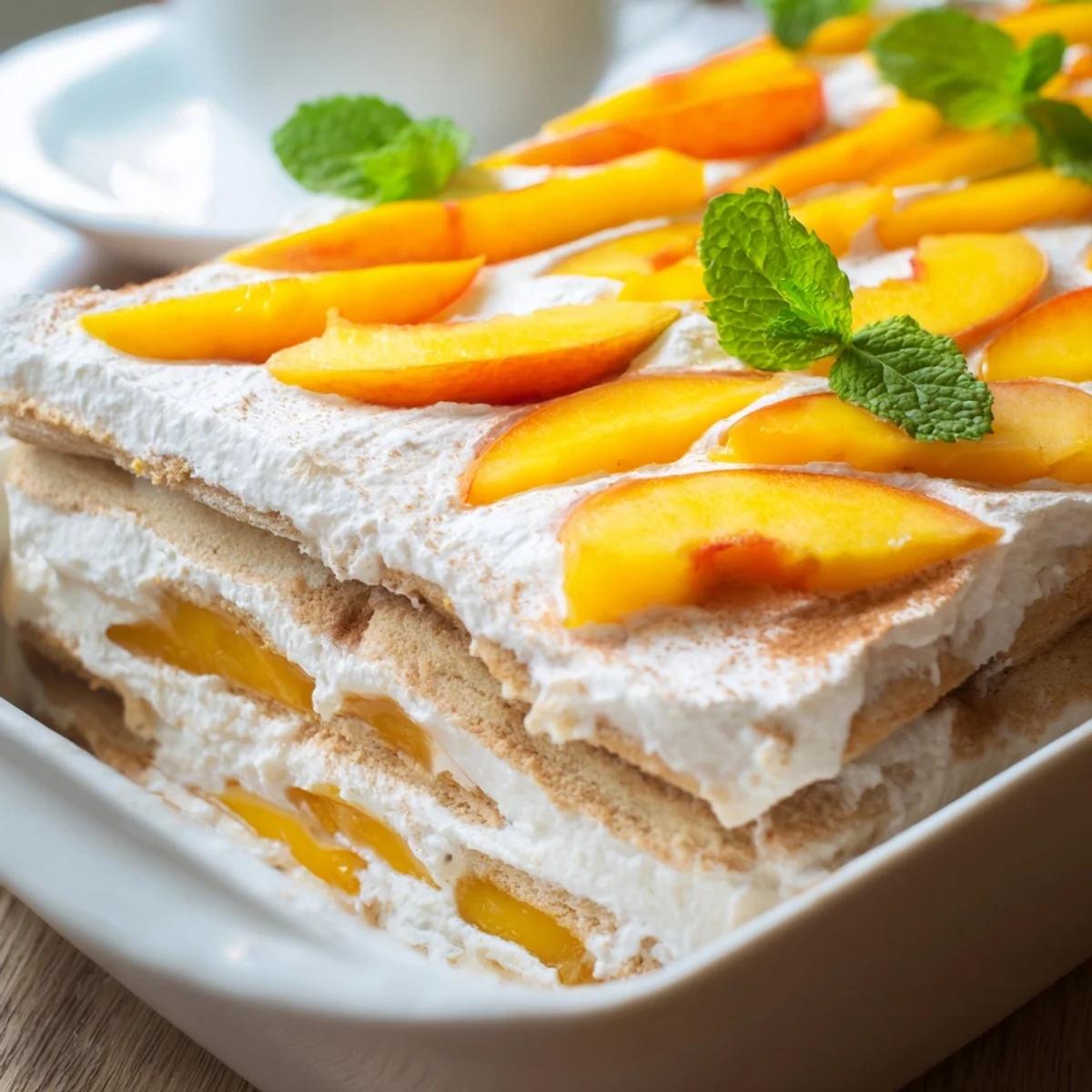 Fresh peach tiramisu dessert topped with mint leaves and juicy sliced peaches on a white plate