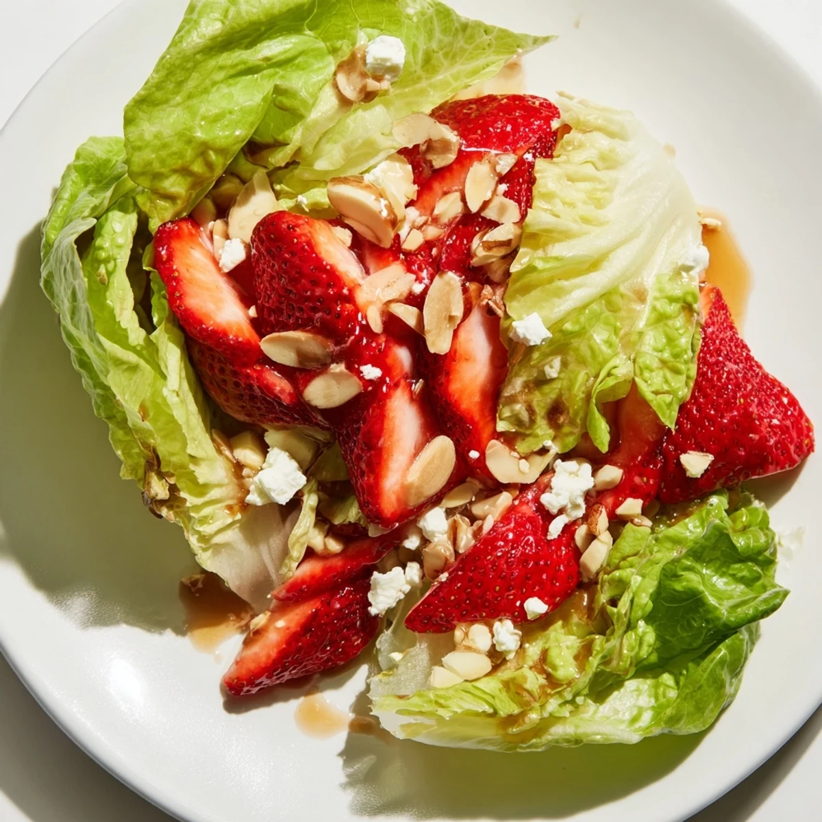 Fresh crunchy strawberry romaine feta salad with juicy berries and toasted almonds