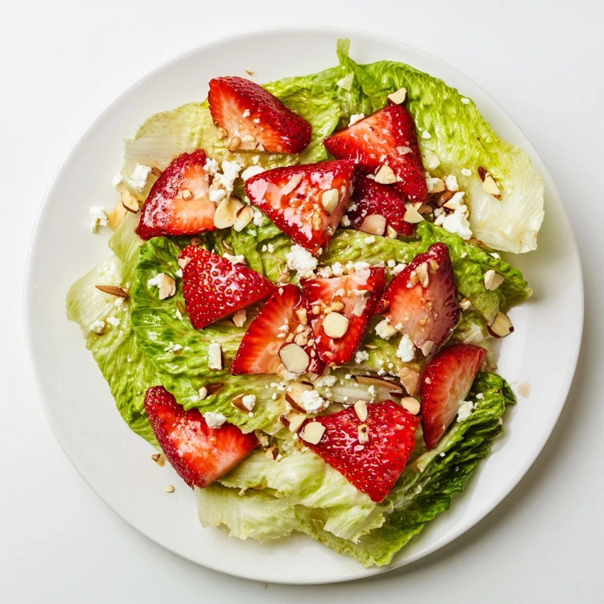 Bowl of vibrant strawberry romaine feta salad topped with creamy cheese and crisp nuts