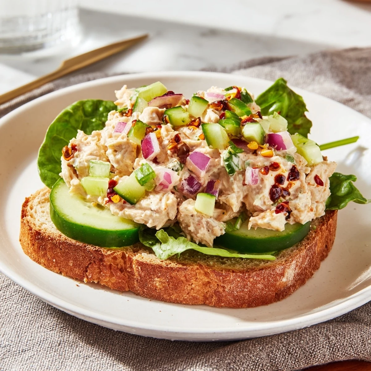 Golden chicken salad with spicy chili crisp nestled between toasted bread slices