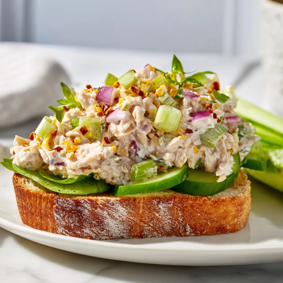 Creamy chicken salad sandwich topped with crisp vegetables and drizzled with spicy chili crisp
