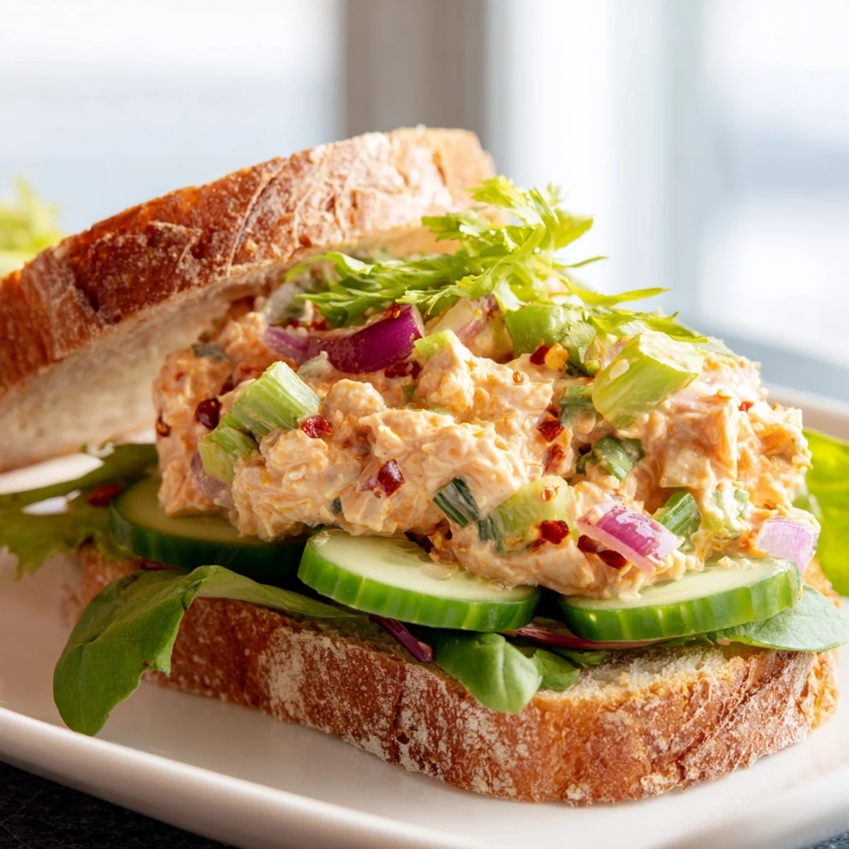 Open-faced chicken salad sandwich featuring fresh cucumbers, tomatoes, and spicy chili crisp garnish
