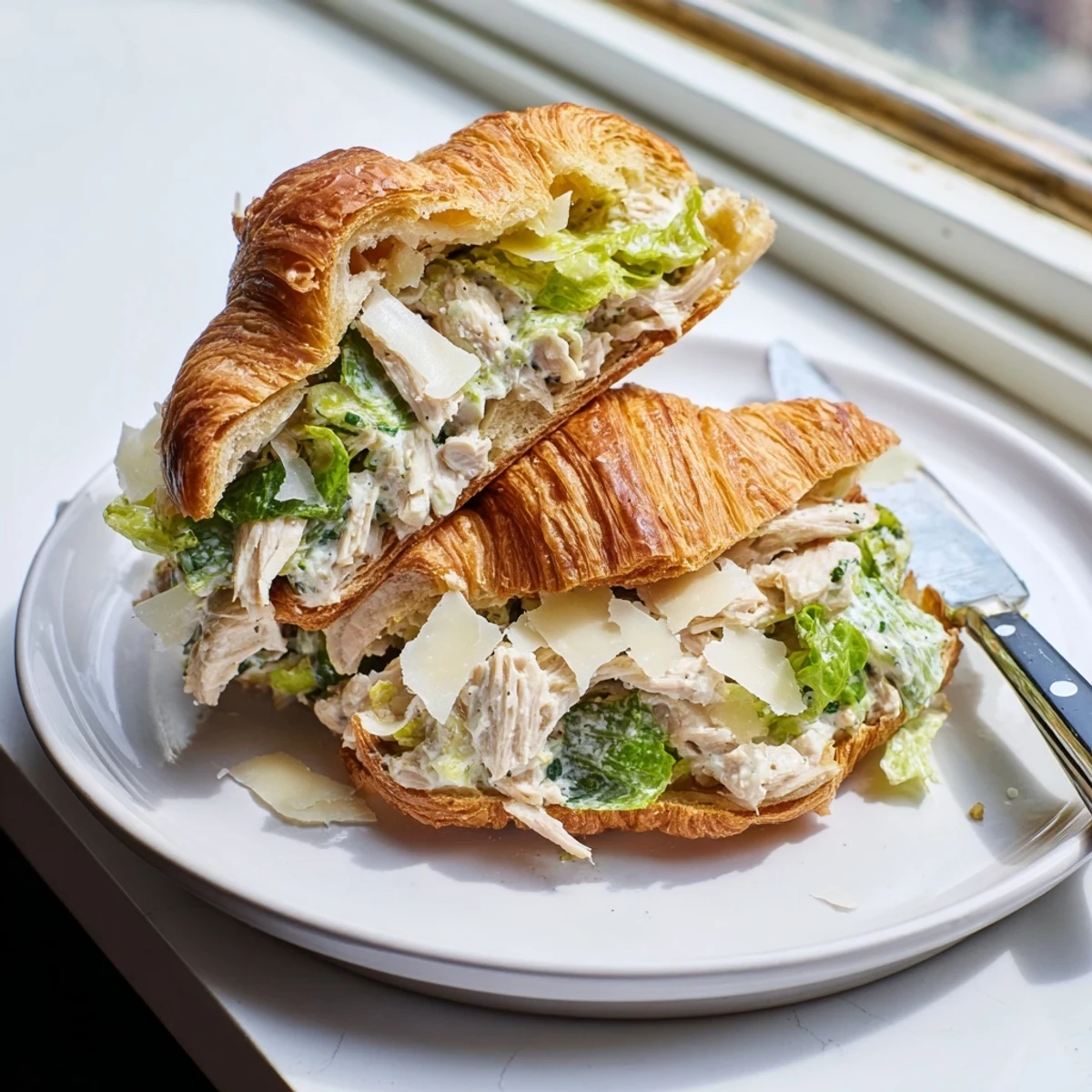 Flaky buttery croissant stuffed with creamy Caesar chicken salad and crisp romaine lettuce