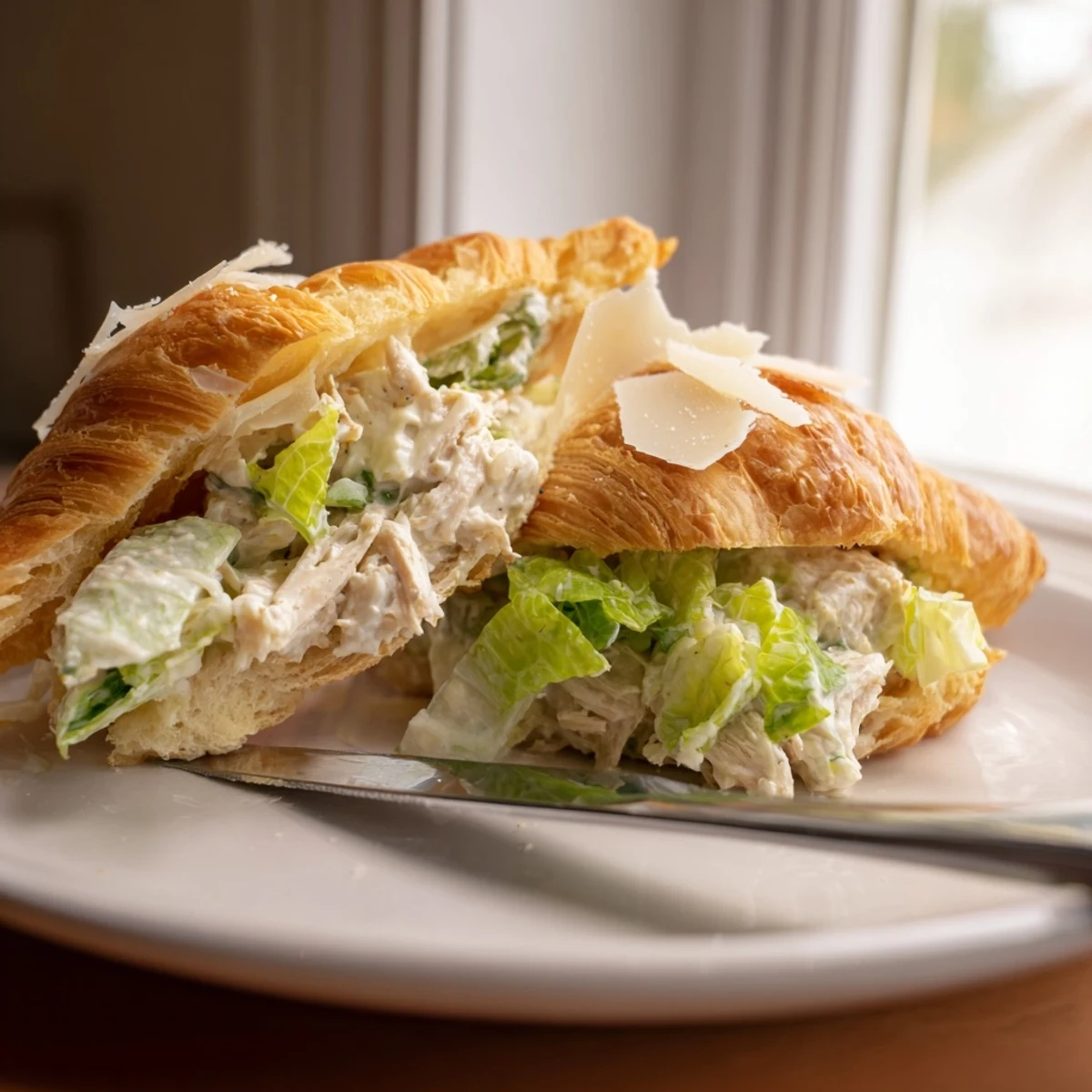 Golden halved croissant sandwich loaded with Parmesan chicken salad and fresh chopped lettuce